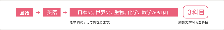 国語+英語+日本史、世界史、生物、化学、数学から1科目(3科目)