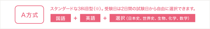 A方式 スタンダードな3科目型。受験日は2日間の試験日から自由に選択できます。