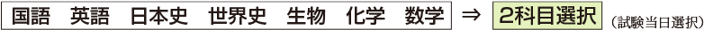 国語 英語 日本史 世界史 生物 化学 数学から２科目選択（試験当日選択）