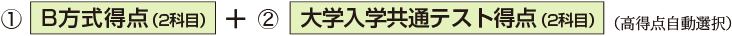 Ｂ方式得点（2科目）＋大学入学共通テスト得点(2科目)（高得点自動選択）