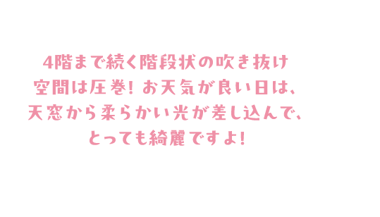 4階まで続く階段状の吹き抜け空間は圧巻！ お天気が良い日は、天窓から柔らかい光が差し込んで、とっても綺麗ですよ！
