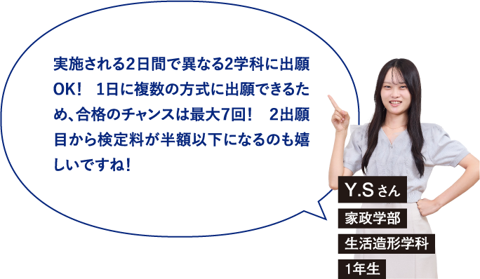 実施される２日間で異なる2学科に出願OK！ 1日に複数の方式に出願できるため、合格のチャンスは最大７回！ ２出願目から検定料が半額以下になるのも嬉しいですね！